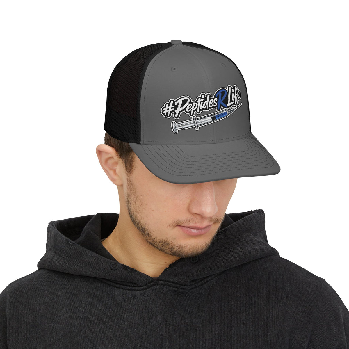 Snapback Trucker Cap — #PeptidesLife Embroidered Syringe Fitness Hat