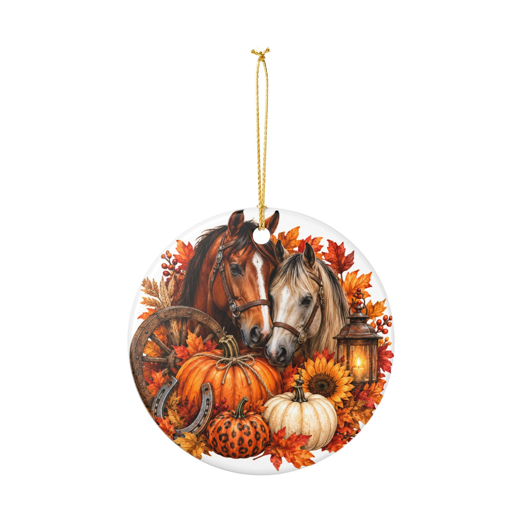 Autumn Horses Ceramic Ornament — Fall Pumpkin & Sunflower Decor
