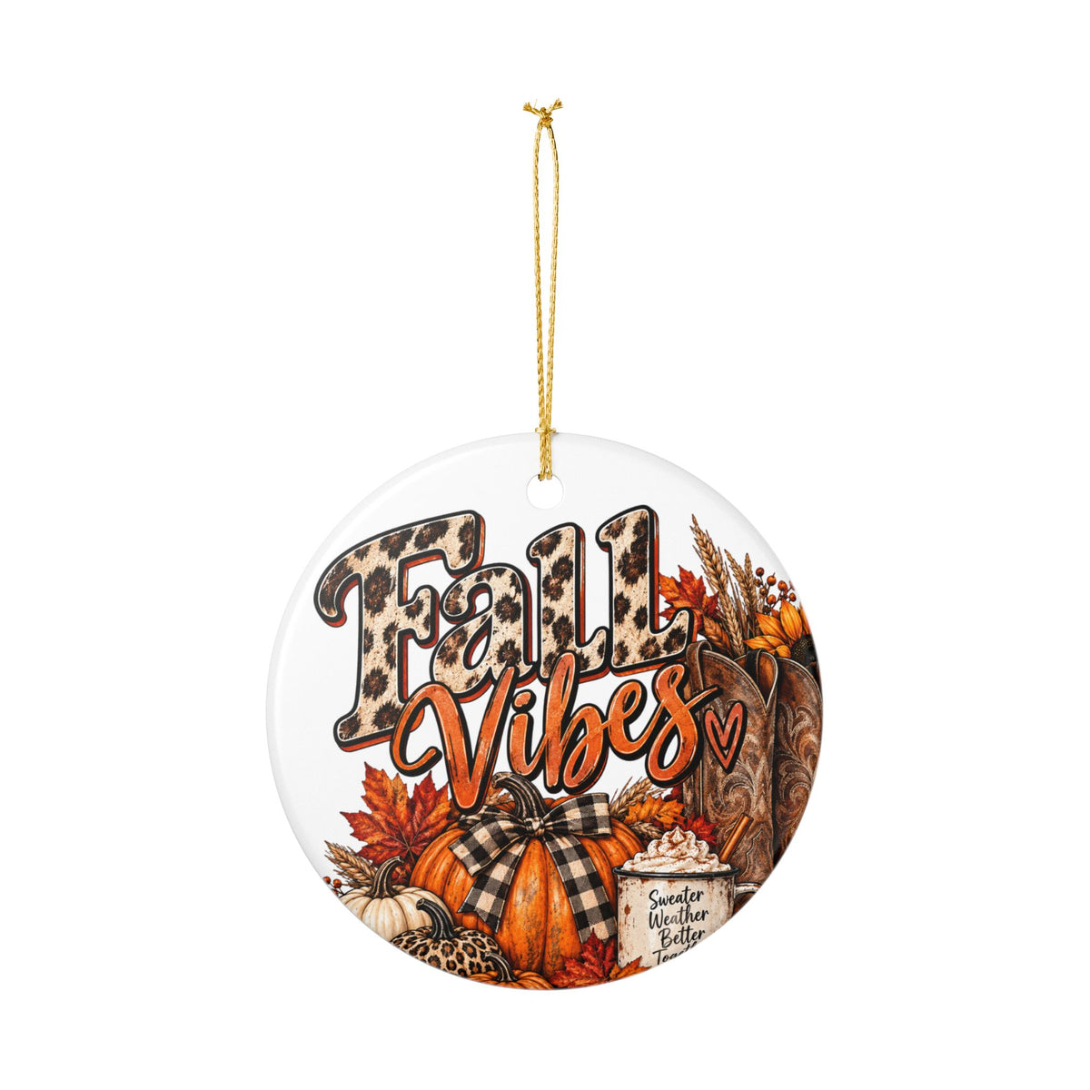 Ceramic Ornament - "Fall Vibes" Pumpkin & Leopard Print Autumn Décor