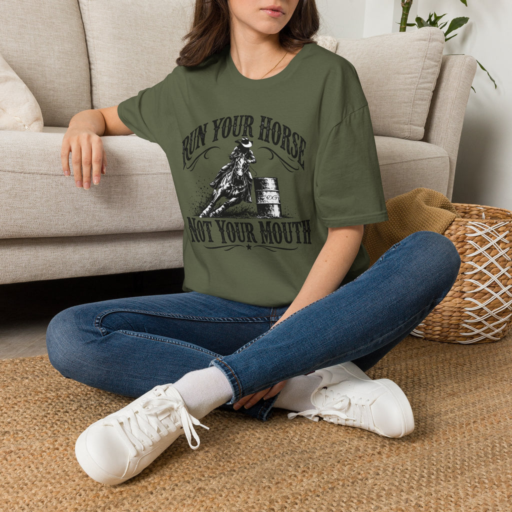 Run Your Horse Not Your Mouth T‑Shirt — Vintage Western Rodeo Cowgirl Graphic Tee