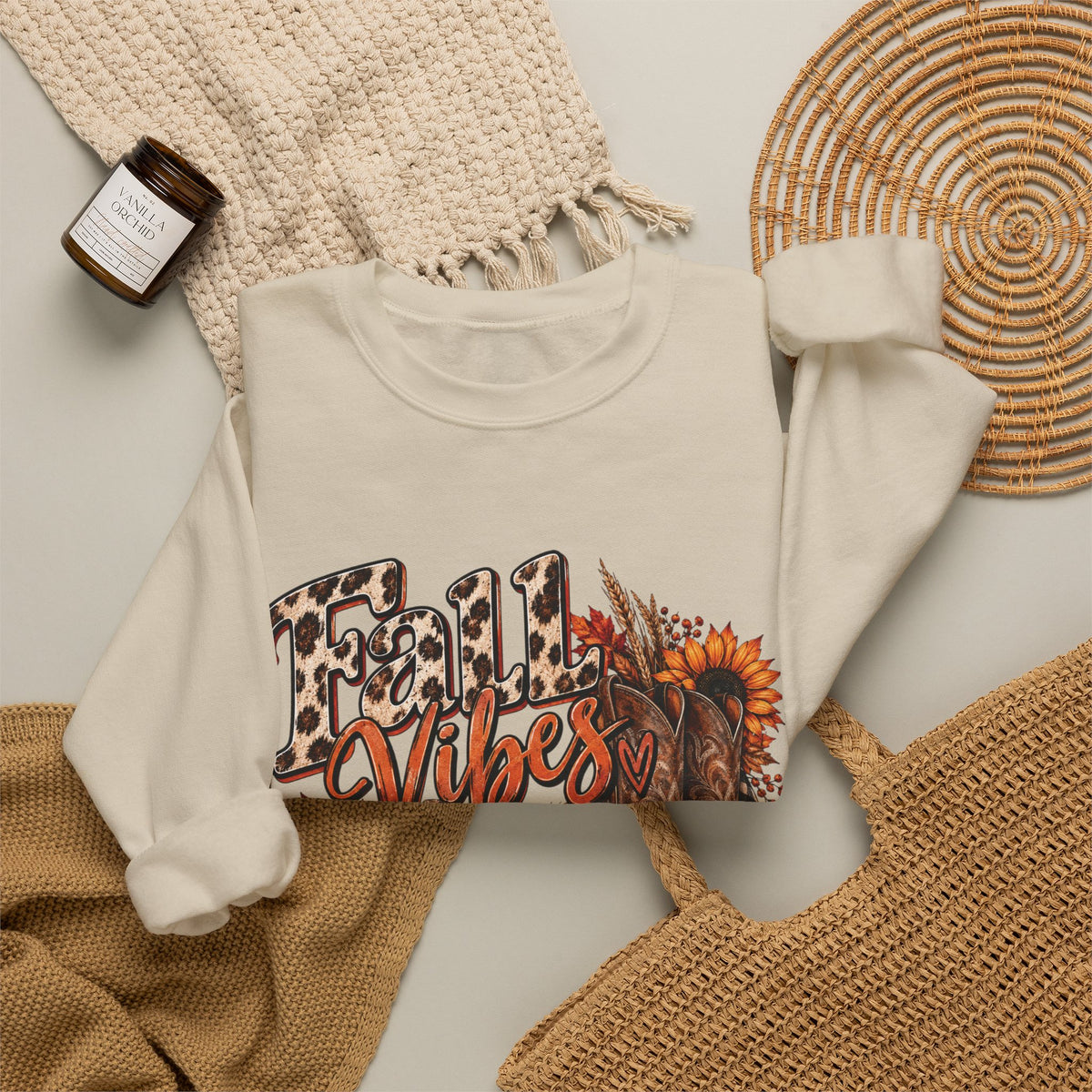Fall Vibes Sweatshirt — Autumn Pumpkin & Plaid Cozy Crewneck